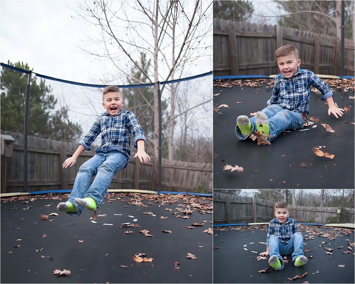 Big brothers jumping on the trampoline during a lifestyle photography session in Canton, GA