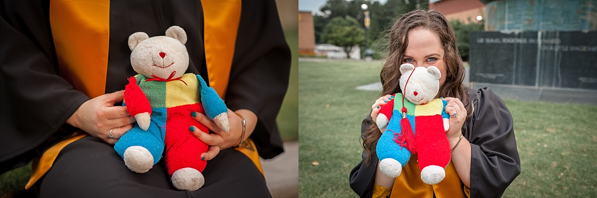 Portrait of a Kennesaw State University graduate with her childhood teddy bear during her KSU senior portrait photography session by Kennesaw senior photographer Amber Watson
