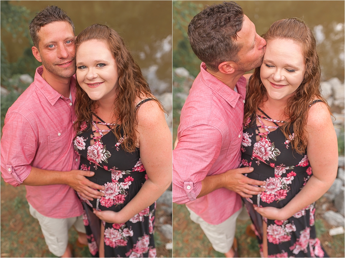 Expecting couple snuggling during their Woodstock maternity photography session by Woodstock maternity photographer Amber Watson.